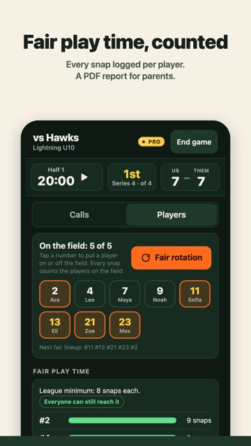 FlagPlayLab app: calling plays, fair play time, wristband cards and player route cards