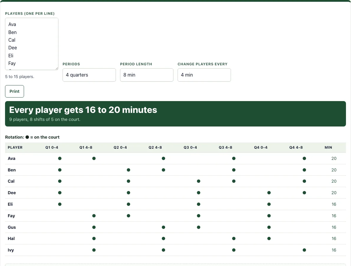 Basketball rotation generator example